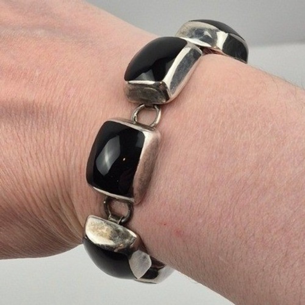 VTG Taxco Sterling Silver Black Onyx Bracelet TZ-17 925 68g‎ Chunky Mexico 6.5"